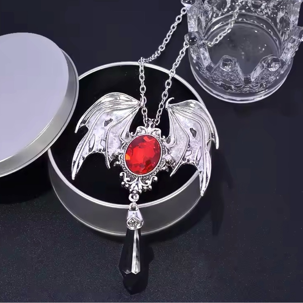 Witchy Gothic Bat Necklace Vampire Red Crystal Pendant Halloween Cosplay - Picture 10 of 10
